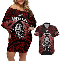 New Zealand Aotearoa Rugby Couples Matching Off Shoulder Short Dress and Hawaiian Shirt NZ Tiki With Maori Fern World Cup Red Version LT14 Red - Polynesian Pride