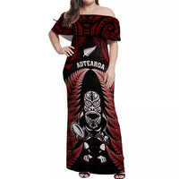 New Zealand Aotearoa Rugby Off Shoulder Maxi Dress NZ Tiki With Maori Fern World Cup Red Version LT14 Women Red - Polynesian Pride