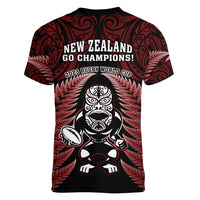 New Zealand Aotearoa Rugby Women V Neck T Shirt NZ Tiki With Maori Fern World Cup Red Version LT14 - Polynesian Pride
