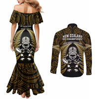 New Zealand Aotearoa Rugby Couples Matching Mermaid Dress and Long Sleeve Button Shirts NZ Tiki With Maori Fern World Cup Gold Version LT14 - Polynesian Pride