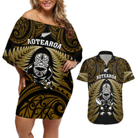 New Zealand Aotearoa Rugby Couples Matching Off Shoulder Short Dress and Hawaiian Shirt NZ Tiki With Maori Fern World Cup Gold Version LT14 Gold - Polynesian Pride