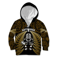 New Zealand Aotearoa Rugby Kid Hoodie NZ Tiki With Maori Fern World Cup Gold Version LT14 Zip Hoodie Gold - Polynesian Pride