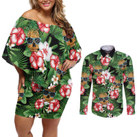 Pineapple Skull Aloha Hawaii Couples Matching Off Shoulder Short Dress and Long Sleeve Button Shirt Summer Vibes Tropical Seamless Pattern - Polynesian Pride
