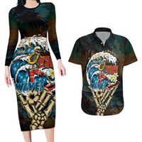 Aloha Hawaii Surfing Skull Couples Matching Long Sleeve Bodycon Dress and Hawaiian Shirt Shaka Skeleton Ride The Waves - Polynesian Pride