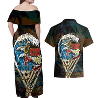 Aloha Hawaii Surfing Skull Couples Matching Off Shoulder Maxi Dress and Hawaiian Shirt Shaka Skeleton Ride The Waves - Polynesian Pride