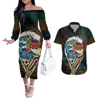 Aloha Hawaii Surfing Skull Couples Matching Off The Shoulder Long Sleeve Dress and Hawaiian Shirt Shaka Skeleton Ride The Waves - Polynesian Pride