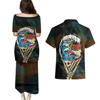 Aloha Hawaii Surfing Skull Couples Matching Puletasi and Hawaiian Shirt Shaka Skeleton Ride The Waves - Polynesian Pride