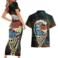 Aloha Hawaii Surfing Skull Couples Matching Short Sleeve Bodycon Dress and Hawaiian Shirt Shaka Skeleton Ride The Waves - Polynesian Pride
