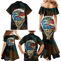 Aloha Hawaii Surfing Skull Family Matching Mermaid Dress and Hawaiian Shirt Shaka Skeleton Ride The Waves - Polynesian Pride