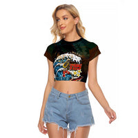 Aloha Hawaii Surfing Skull Raglan Cropped T Shirt Shaka Skeleton Ride The Waves - Polynesian Pride