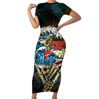 Aloha Hawaii Surfing Skull Short Sleeve Bodycon Dress Shaka Skeleton Ride The Waves - Polynesian Pride
