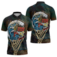 Aloha Hawaii Surfing Skull Zipper Polo Shirt Shaka Skeleton Ride The Waves - Polynesian Pride