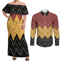 Kaokao Maori Tukutuku Inspired New Zealand Couples Matching Off Shoulder Maxi Dress and Long Sleeve Button Shirt LT14 Multicolor - Polynesian Pride