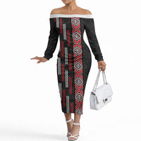 Roimata Toroa Maori Taniko Inspired New Zealand Off The Shoulder Long Sleeve Dress LT14 Women Black - Polynesian Pride