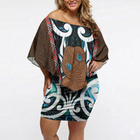 New Zealand Whakairo Off Shoulder Short Dress Tiki Maori Carving Taniko Motifs LT14 Women Multicolor - Polynesian Pride