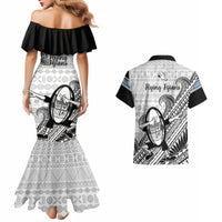Fiji Tapa Rugby Couples Matching Mermaid Dress and Hawaiian Shirt Flying Fijian 2023 World Cup With Dabbing Ball LT14 - Polynesian Pride