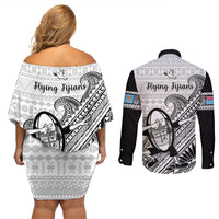 Fiji Tapa Rugby Couples Matching Off Shoulder Short Dress and Long Sleeve Button Shirts Flying Fijian 2023 World Cup With Dabbing Ball LT14 - Polynesian Pride