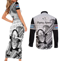 Fiji Tapa Rugby Couples Matching Short Sleeve Bodycon Dress and Long Sleeve Button Shirts Flying Fijian 2023 World Cup With Dabbing Ball LT14 - Polynesian Pride
