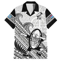Fiji Tapa Rugby Family Matching Off Shoulder Short Dress and Hawaiian Shirt Flying Fijian 2023 World Cup With Dabbing Ball LT14 Dad's Shirt - Short Sleeve White - Polynesian Pride