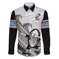 Fiji Tapa Rugby Family Matching Off Shoulder Short Dress and Hawaiian Shirt Flying Fijian 2023 World Cup With Dabbing Ball LT14 Dad's Shirt - Long Sleeve White - Polynesian Pride