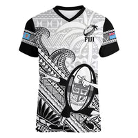 Fiji Tapa Rugby Women V Neck T Shirt Flying Fijian 2023 World Cup With Dabbing Ball LT14 Female White - Polynesian Pride