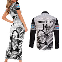 Custom Fiji Tapa Rugby Couples Matching Short Sleeve Bodycon Dress and Long Sleeve Button Shirts Flying Fijian 2023 World Cup With Dabbing Ball LT14 - Polynesian Pride