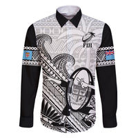 Custom Fiji Tapa Rugby Family Matching Off Shoulder Long Sleeve Dress and Hawaiian Shirt Flying Fijian 2023 World Cup With Dabbing Ball LT14 Dad's Shirt - Long Sleeve White - Polynesian Pride