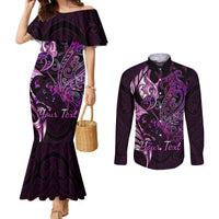 Personalised New Zealand Breast Cancer Couples Matching Mermaid Dress and Long Sleeve Button Shirts Fight Like A Girl Pink Manaia Fern With Paua Shell LT14 Pink - Polynesian Pride