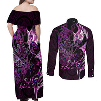 Personalised New Zealand Breast Cancer Couples Matching Off Shoulder Maxi Dress and Long Sleeve Button Shirts Fight Like A Girl Pink Manaia Fern With Paua Shell LT14 - Polynesian Pride