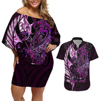 Personalised New Zealand Breast Cancer Couples Matching Off Shoulder Short Dress and Hawaiian Shirt Fight Like A Girl Pink Manaia Fern With Paua Shell LT14 Pink - Polynesian Pride