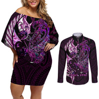 Personalised New Zealand Breast Cancer Couples Matching Off Shoulder Short Dress and Long Sleeve Button Shirts Fight Like A Girl Pink Manaia Fern With Paua Shell LT14 Pink - Polynesian Pride
