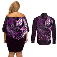 Personalised New Zealand Breast Cancer Couples Matching Off Shoulder Short Dress and Long Sleeve Button Shirts Fight Like A Girl Pink Manaia Fern With Paua Shell LT14 - Polynesian Pride