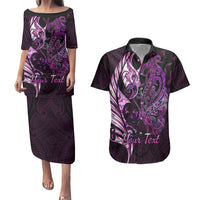 Personalised New Zealand Breast Cancer Couples Matching Puletasi Dress and Hawaiian Shirt Fight Like A Girl Pink Manaia Fern With Paua Shell LT14 Pink - Polynesian Pride