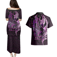 Personalised New Zealand Breast Cancer Couples Matching Puletasi Dress and Hawaiian Shirt Fight Like A Girl Pink Manaia Fern With Paua Shell LT14 - Polynesian Pride