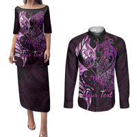 Personalised New Zealand Breast Cancer Couples Matching Puletasi Dress and Long Sleeve Button Shirts Fight Like A Girl Pink Manaia Fern With Paua Shell LT14 Pink - Polynesian Pride