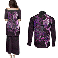 Personalised New Zealand Breast Cancer Couples Matching Puletasi Dress and Long Sleeve Button Shirts Fight Like A Girl Pink Manaia Fern With Paua Shell LT14 - Polynesian Pride