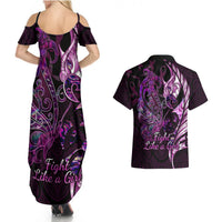 Personalised New Zealand Breast Cancer Couples Matching Summer Maxi Dress and Hawaiian Shirt Fight Like A Girl Pink Manaia Fern With Paua Shell LT14 - Polynesian Pride