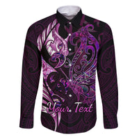 Personalised New Zealand Breast Cancer Family Matching Mermaid Dress and Hawaiian Shirt Fight Like A Girl Pink Manaia Fern With Paua Shell LT14 Dad's Shirt - Long Sleeve Pink - Polynesian Pride