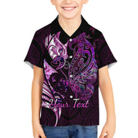 Personalised New Zealand Breast Cancer Family Matching Off Shoulder Short Dress and Hawaiian Shirt Fight Like A Girl Pink Manaia Fern With Paua Shell LT14 Son's Shirt Pink - Polynesian Pride