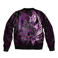Personalised New Zealand Breast Cancer Sleeve Zip Bomber Jacket Fight Like A Girl Pink Manaia Fern With Paua Shell LT14 - Polynesian Pride