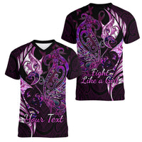 Personalised New Zealand Breast Cancer Women V Neck T Shirt Fight Like A Girl Pink Manaia Fern With Paua Shell LT14 - Polynesian Pride