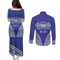 Personalised Queen Salote College Couples Matching Puletasi and Long Sleeve Button Shirt Kolisi Fefine 100th Anniversary Kupesi Blue - Polynesian Pride