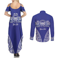 Personalised Queen Salote College Couples Matching Summer Maxi Dress and Long Sleeve Button Shirt Kolisi Fefine 100th Anniversary Kupesi Blue - Polynesian Pride