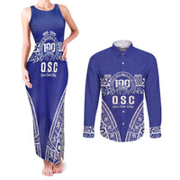Personalised Queen Salote College Couples Matching Tank Maxi Dress and Long Sleeve Button Shirt Kolisi Fefine 100th Anniversary Kupesi Blue - Polynesian Pride
