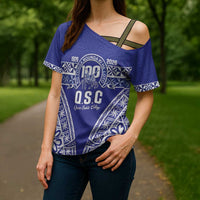 Personalised Queen Salote College Cross Shoulder Shirt Kolisi Fefine 100th Anniversary Kupesi Blue - Polynesian Pride