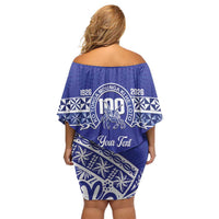 Personalised Queen Salote College Off Shoulder Short Dress Kolisi Fefine 100th Anniversary Kupesi Blue - Polynesian Pride
