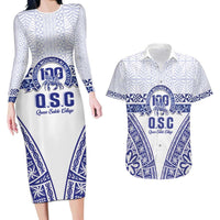 Personalised Queen Salote College Couples Matching Long Sleeve Bodycon Dress and Hawaiian Shirt Kolisi Fefine 100th Anniversary Kupesi White - Polynesian Pride
