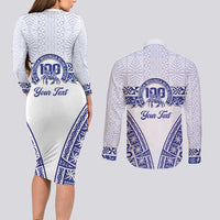 Personalised Queen Salote College Couples Matching Long Sleeve Bodycon Dress and Long Sleeve Button Shirt Kolisi Fefine 100th Anniversary Kupesi White - Polynesian Pride