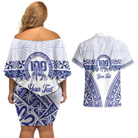 Personalised Queen Salote College Couples Matching Off Shoulder Short Dress and Hawaiian Shirt Kolisi Fefine 100th Anniversary Kupesi White - Polynesian Pride