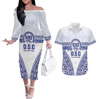Personalised Queen Salote College Couples Matching Off The Shoulder Long Sleeve Dress and Hawaiian Shirt Kolisi Fefine 100th Anniversary Kupesi White - Polynesian Pride